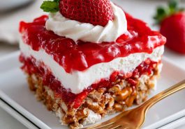 Layered strawberry pretzel salad with a crunchy pretzel crust, creamy cheesecake filling, and fresh strawberry gelatin topping.