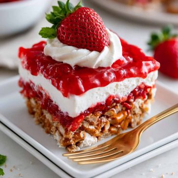 Layered strawberry pretzel salad with a crunchy pretzel crust, creamy cheesecake filling, and fresh strawberry gelatin topping.