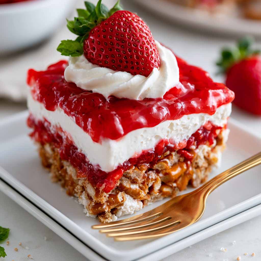 Layered strawberry pretzel salad with a crunchy pretzel crust, creamy cheesecake filling, and fresh strawberry gelatin topping.