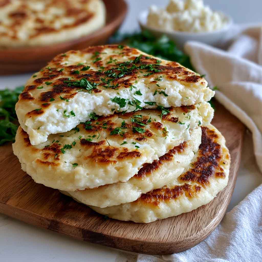 Golden cottage cheese flagels sliced and served with cream cheese, showing a soft high-protein texture inside.