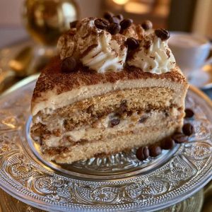Moist coffee cake layered with creamy frosting, inspired by a latte.