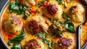 Coconut curry soup with dumplings, creamy broth, and aromatic herbs.