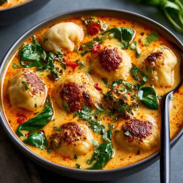Coconut curry soup with dumplings, creamy broth, and aromatic herbs.