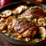Tender chicken cooked in creamy apple cider sauce with herbs and apples.