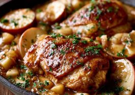 Tender chicken cooked in creamy apple cider sauce with herbs and apples.