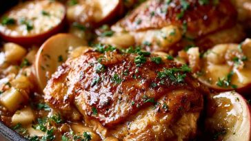 Tender chicken cooked in creamy apple cider sauce with herbs and apples.