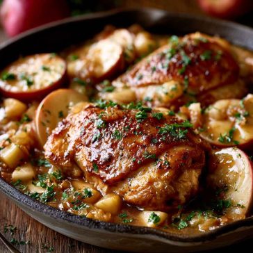 Tender chicken cooked in creamy apple cider sauce with herbs and apples.