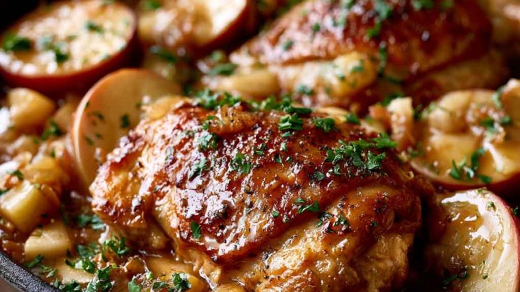 Tender chicken cooked in creamy apple cider sauce with herbs and apples.