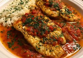 Tilapia fillets served in roasted red pepper sauce with herbs.