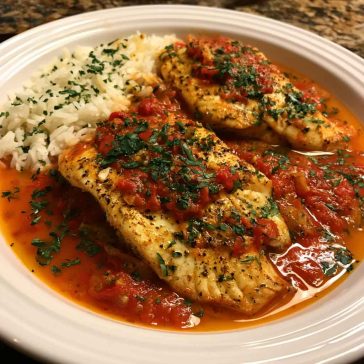 Tilapia fillets served in roasted red pepper sauce with herbs.