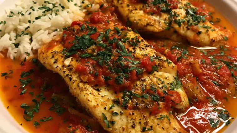 Tilapia fillets served in roasted red pepper sauce with herbs.