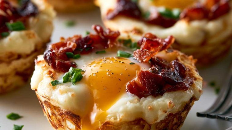 Stuffed mashed potato nests baked golden with cheese and toppings.