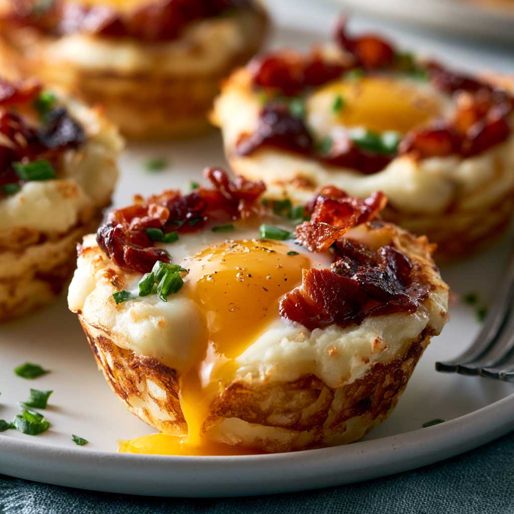 Stuffed mashed potato nests baked golden with cheese and toppings.