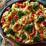 Chicken pasta with colorful vegetables including broccoli, bell peppers, and carrots in a light savory sauce.