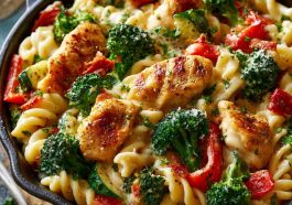 Chicken pasta with colorful vegetables including broccoli, bell peppers, and carrots in a light savory sauce.
