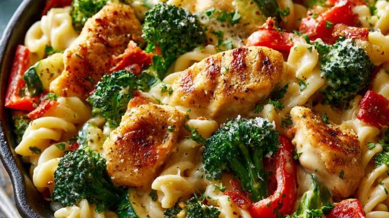 Chicken pasta with colorful vegetables including broccoli, bell peppers, and carrots in a light savory sauce.