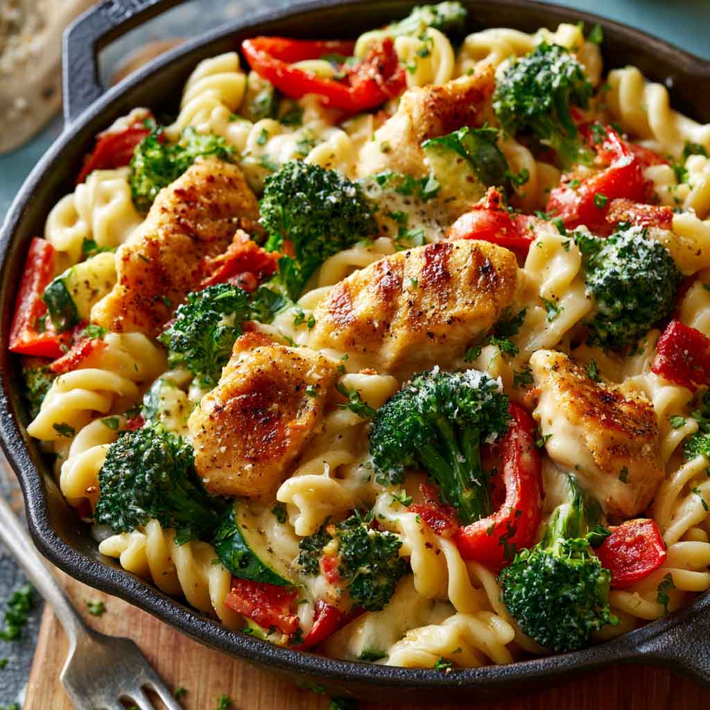 Chicken pasta with colorful vegetables including broccoli, bell peppers, and carrots in a light savory sauce.