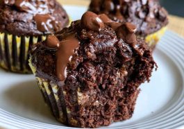 Double chocolate muffins with chocolate chips, rich and moist texture.