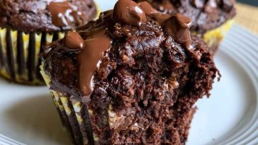 Double chocolate muffins with chocolate chips, rich and moist texture.