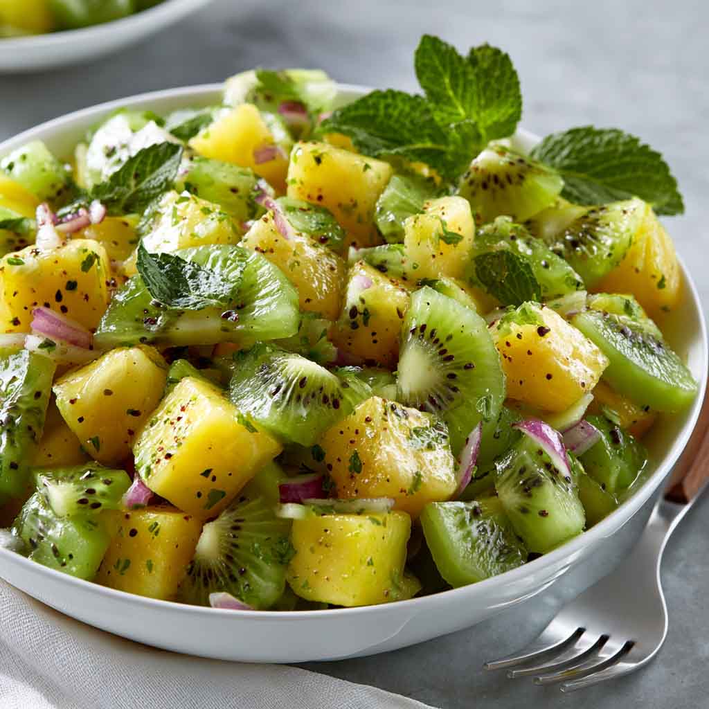 Fresh pineapple kiwi salad with juicy pineapple chunks, sliced kiwi, mint leaves, and a light citrus dressing.