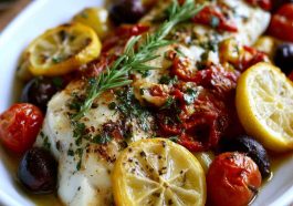 Mediterranean baked fish with herbs, lemon, tomatoes, and olive oil.