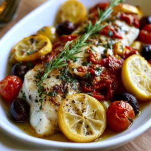 Mediterranean baked fish with herbs, lemon, tomatoes, and olive oil.