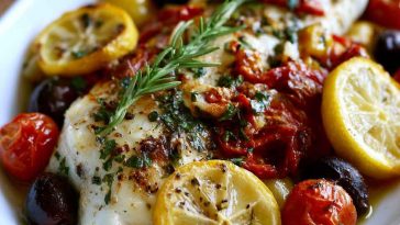 Mediterranean baked fish with herbs, lemon, tomatoes, and olive oil.