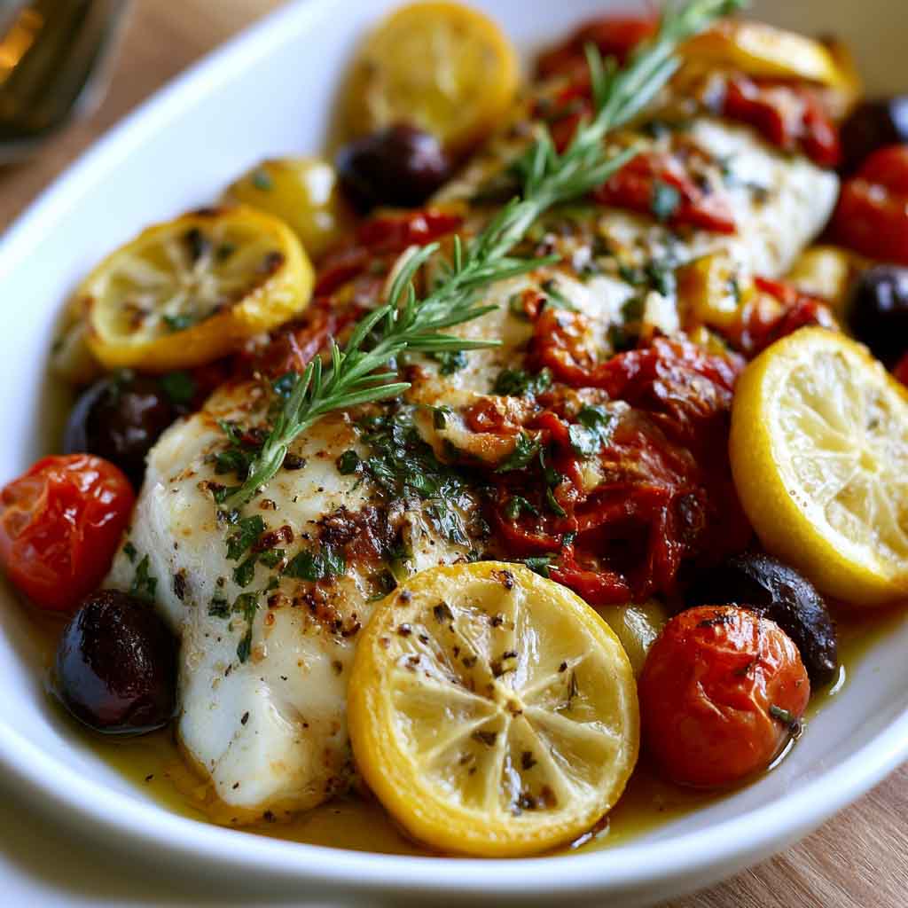 Mediterranean baked fish with herbs, lemon, tomatoes, and olive oil.