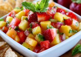 Fresh fruit salsa served with cinnamon sugar tortilla chips.