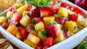 Fresh fruit salsa served with cinnamon sugar tortilla chips.