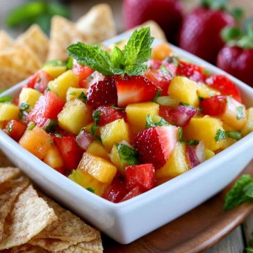 Fresh fruit salsa served with cinnamon sugar tortilla chips.