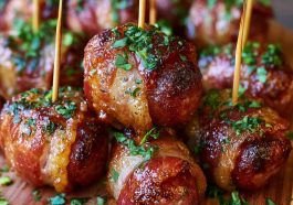 Crispy bacon wrapped kielbasa bites cooked until golden and served warm.