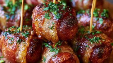 Crispy bacon wrapped kielbasa bites cooked until golden and served warm.