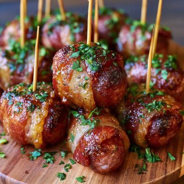 Crispy bacon wrapped kielbasa bites cooked until golden and served warm.