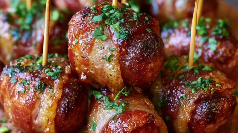 Crispy bacon wrapped kielbasa bites cooked until golden and served warm.