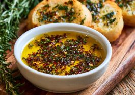 Bread dipping oil with herbs, garlic, and olive oil served with crusty bread.