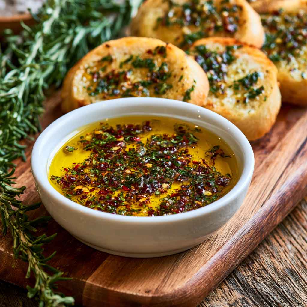 Bread dipping oil with herbs, garlic, and olive oil served with crusty bread.