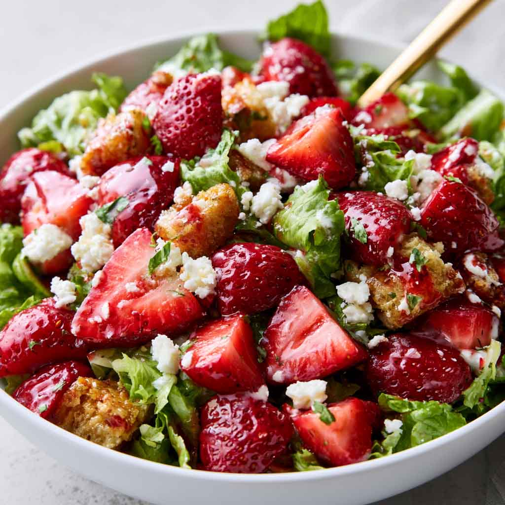 Fresh strawberry crackle salad with juicy strawberries, crunchy toppings, creamy dressing, and greens in a bowl.