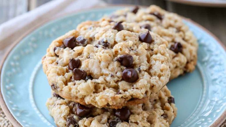 Crispy rice krispie chocolate chip cookies with golden edges, soft centers, and crunchy texture from cereal pieces.