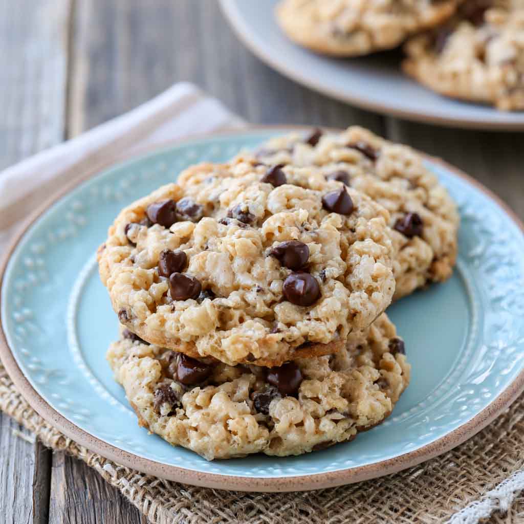Crispy rice krispie chocolate chip cookies with golden edges, soft centers, and crunchy texture from cereal pieces.