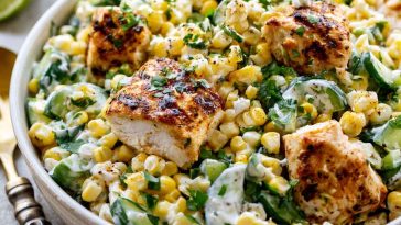 Creamy street corn cucumber chicken salad with grilled chicken, sweet corn, fresh cucumbers, and a tangy creamy dressing.