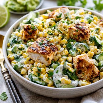 Creamy street corn cucumber chicken salad with grilled chicken, sweet corn, fresh cucumbers, and a tangy creamy dressing.