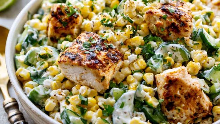 Creamy street corn cucumber chicken salad with grilled chicken, sweet corn, fresh cucumbers, and a tangy creamy dressing.
