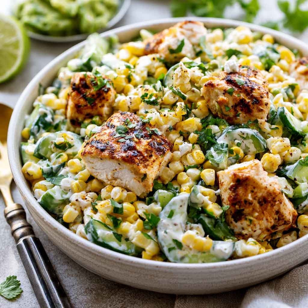 Creamy street corn cucumber chicken salad with grilled chicken, sweet corn, fresh cucumbers, and a tangy creamy dressing.