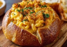 Creamy mac and cheese served inside a crusty bread bowl, rich and cheesy.