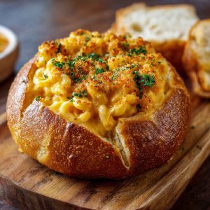 Creamy mac and cheese served inside a crusty bread bowl, rich and cheesy.