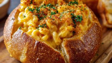 Creamy mac and cheese served inside a crusty bread bowl, rich and cheesy.
