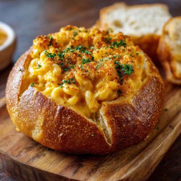 Creamy mac and cheese served inside a crusty bread bowl, rich and cheesy.