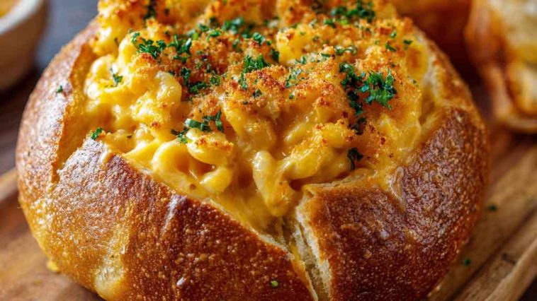 Creamy mac and cheese served inside a crusty bread bowl, rich and cheesy.