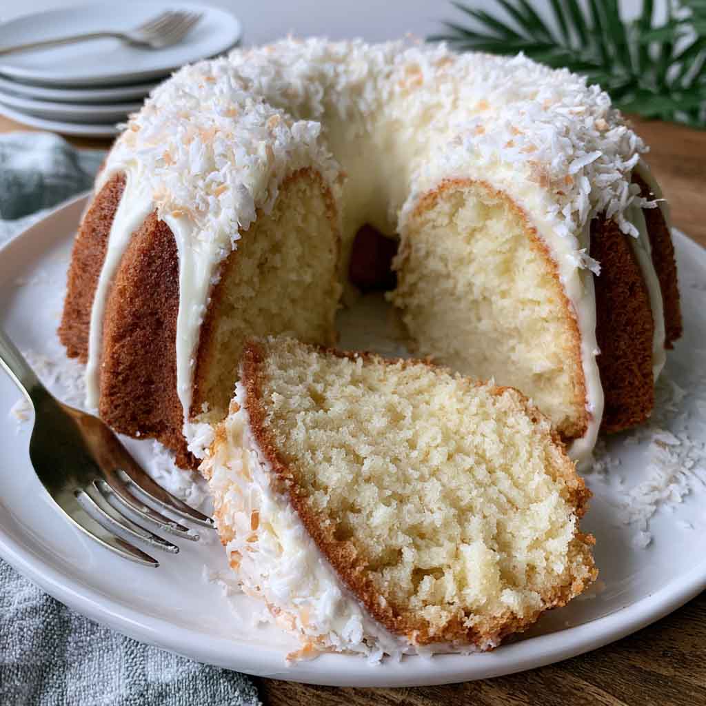 Moist coconut cream cheese pound cake topped with shredded coconut and sliced to reveal a rich buttery texture.